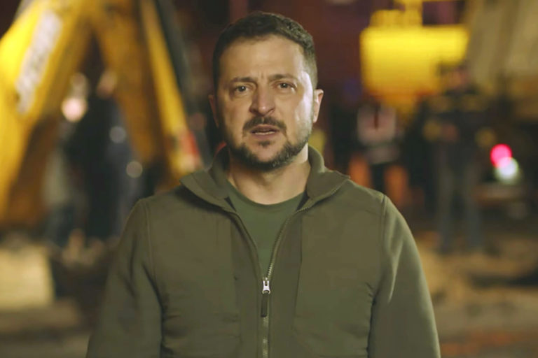 In this image from video provided by the Ukrainian Presidential Press Office, Ukrainian President Volodymyr Zelenskyy speaks in Kyiv, Ukraine