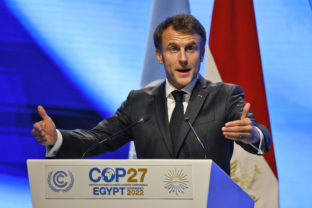 French President Emmanuel Macron delivers a speech at the COP27 climate summit in Sharm el-Sheikh, Egypt, Monday, Nov. 7, 2022. Nearly 50 heads of states or governments on Monday will take the stage in the first day of "high-level" international climate talks in Egypt with more to come in the following days