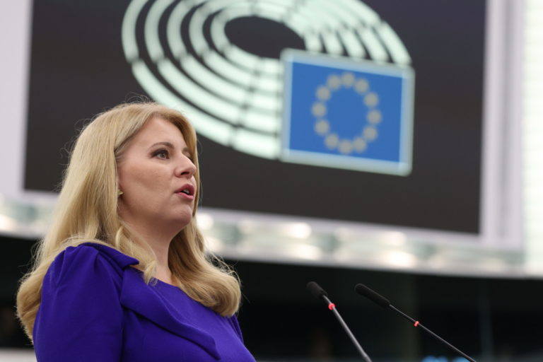 President of Slovakia Zuzana Caputova delivers her speech at the European Parliament, Wednesday, Oct. 19, 2022 in Strasbourg. EU Commission President Ursula von der Leyen tells EU legislatures that the 27 member states will continue stand up together in the face of the Russian aggression against Ukraine and unite forces to overcome the challenge of the energy crisis