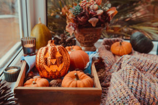 Halloween,Cozy,Mood,Composition,On,The,Windowsill.,Lighting,Jack o lantern,,Decorative