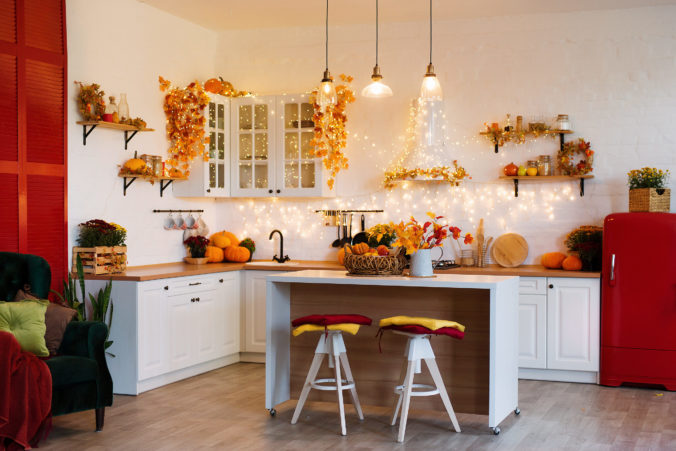 Autumn,Kitchen,Interior.,Red,And,Yellow,Leaves,And,Flowers,In