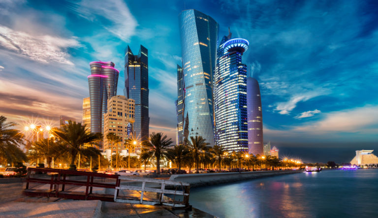 The,Skyline,Of,Doha,City,Center,After,Sunset,,Qatar