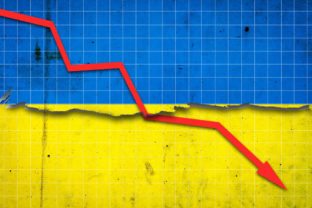 Fall of the Ukraine Economy. Recession graph with a red arrow on the Ukraine flag. Economic decline. Decline in the economy of stock trading. Downward trends in the economy.