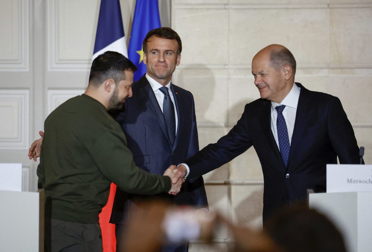 Volodymyr Zelenskyj, Emmanuel Macron, Olaf Scholz