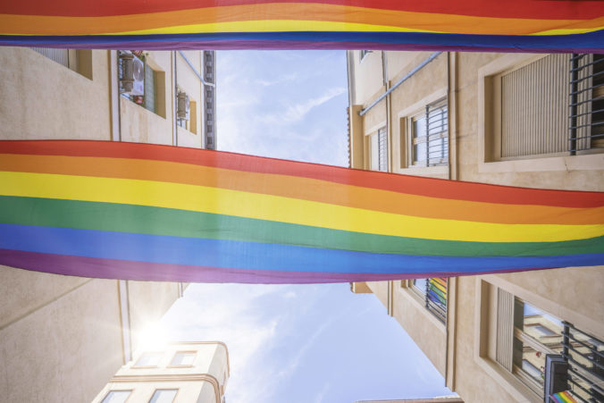 Streets of the Madrid neighborhood of Chueca adorned with rainbow flags on the occasion of LGBTI and gay pride week