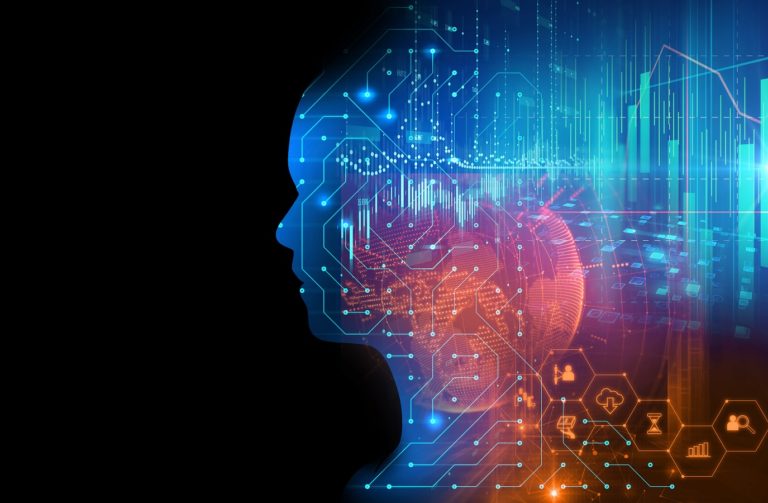 Silhouette of virtual human on circuit pattern technology 3d illustration