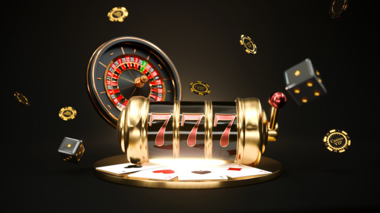 Casino background. Slot machine with roulette wheel. Online casino concept. Falling poker chips. 3d rendering