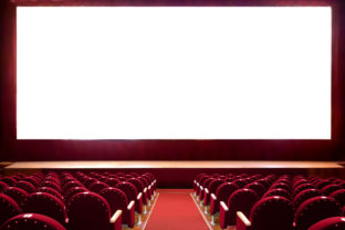 Empty red cinema seats with blank white screen for adding a picture
