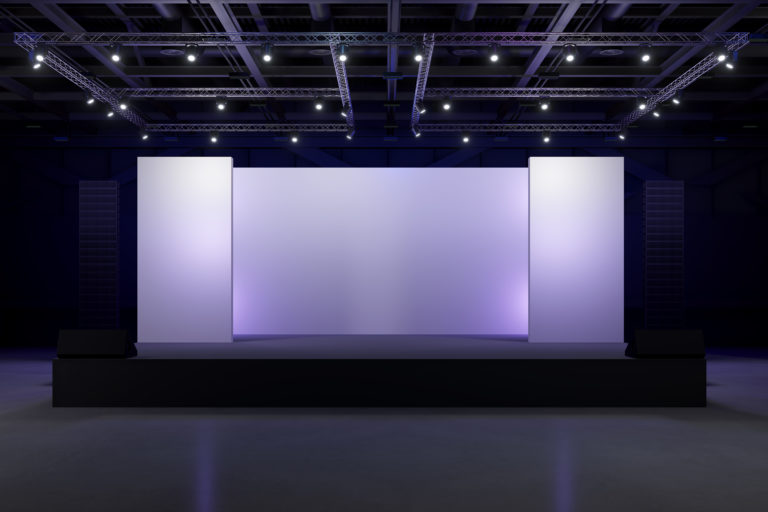 Empty stage Design for mockup and Corporate identity,Display.Platform elements in hall.Blank screen system for Graphic Resources.Scene event led night light staging.3d Background for onlineEvent,conference,live.3 render.