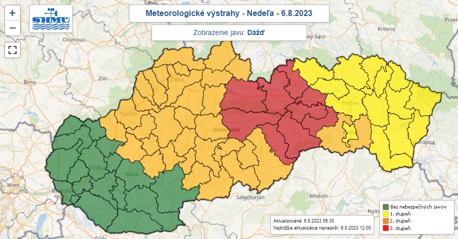 Výstrahy, dážď, 6. august 2023
