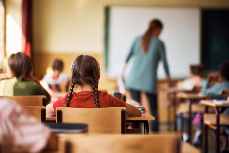 Back view of little girl attending a class in elementary school.