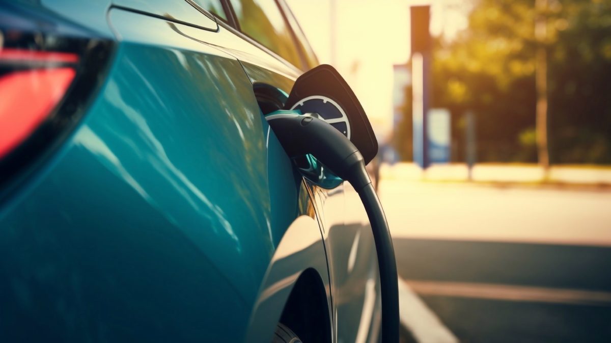 Close up of an electric car being charged at a charging station.