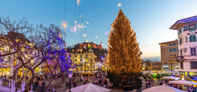 Romantic Ljubljana&#039;s city center decorated for Christmas holidays. Preseren&#039;s square, Ljubljana, Slovenia, Europe