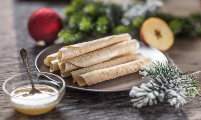 Wafers rolled with honey. Traditional slovak and czech christmas pastry - oblatky