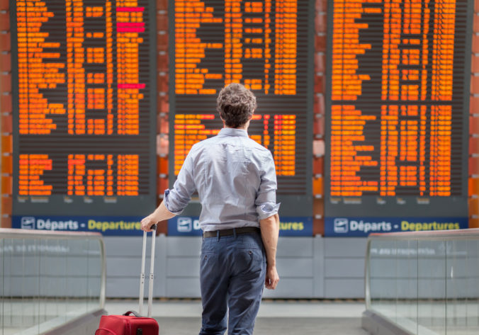 Travel with international flight, person passenger waiting in airport