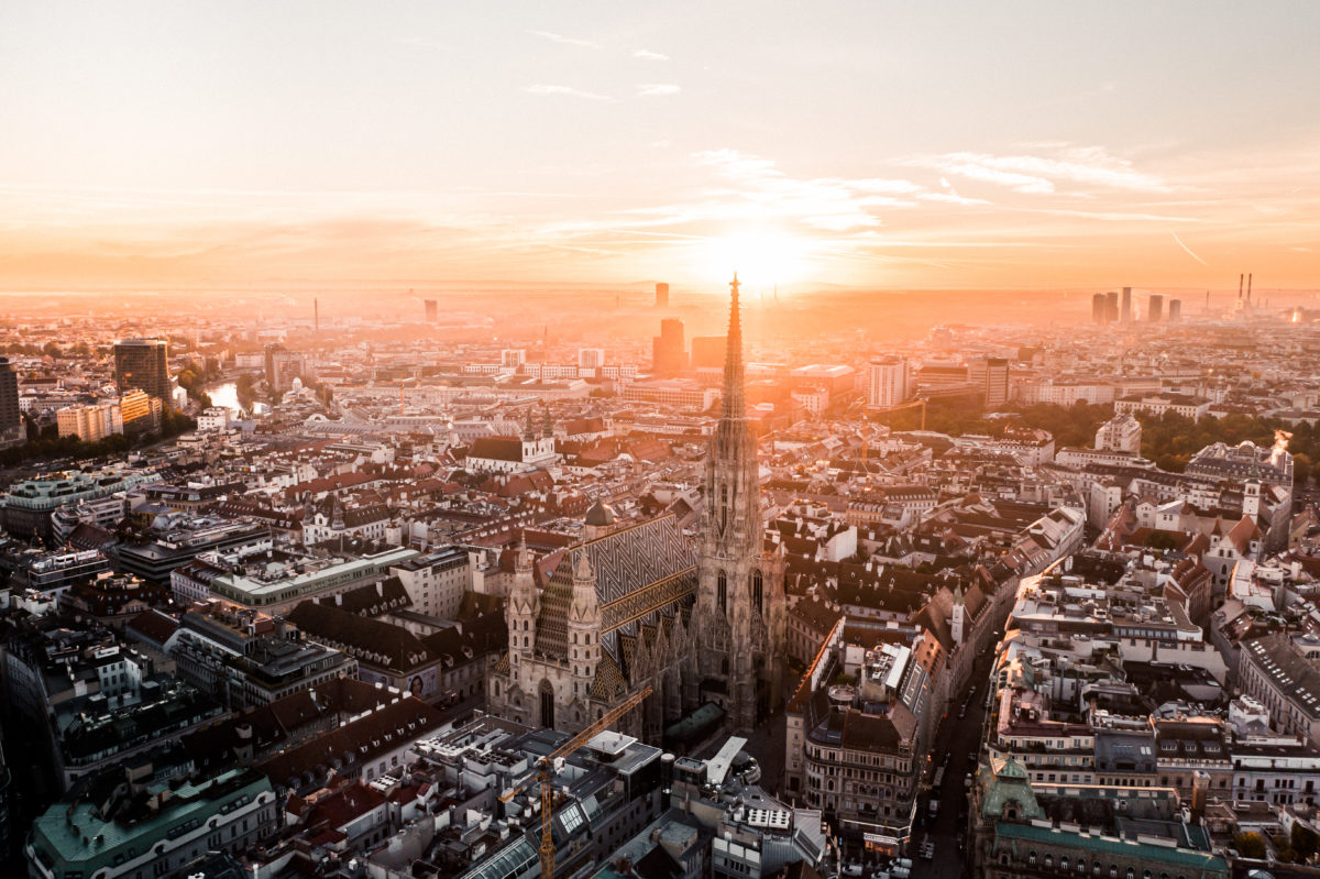 Aerial Drone Photo - Sunrise over St. Stephens Cathedral. Vienna, Austria