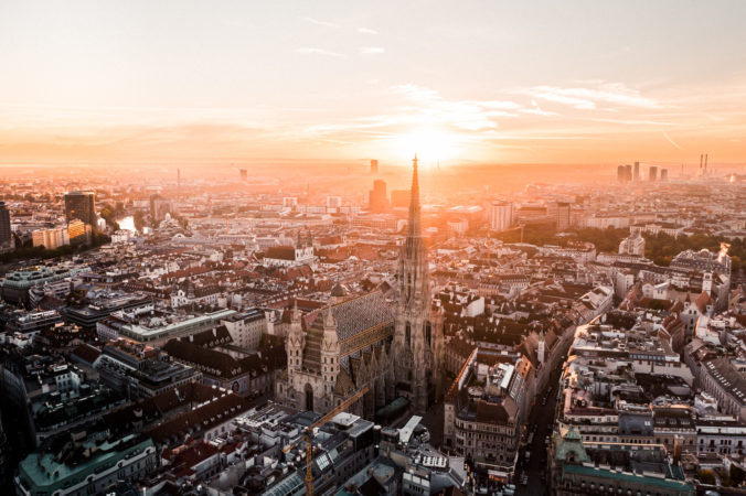 Aerial Drone Photo - Sunrise over St. Stephens Cathedral. Vienna, Austria