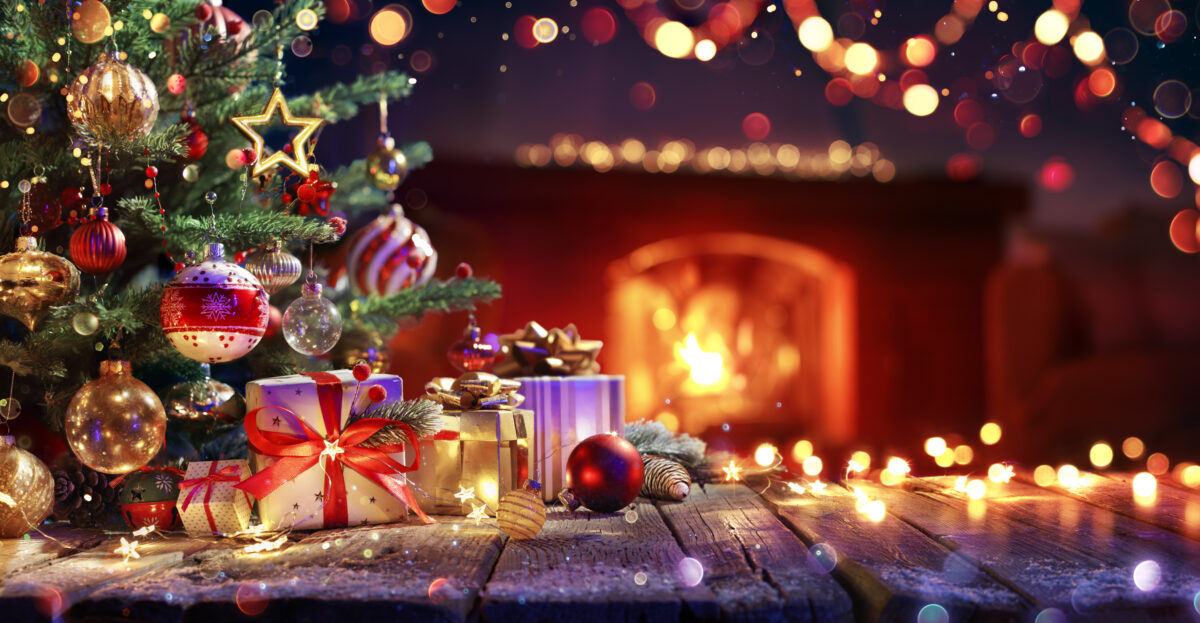 Presents And Christmas Tree - Ornament In Interior With Fireplace
