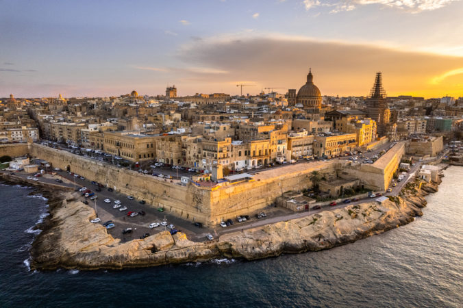 Aerial drone skyline of Valletta at sunset, Malta