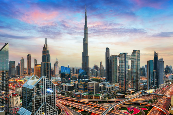 Amazing skyline of Dubai City center and Sheikh Zayed road intersection, United Arab Emirates