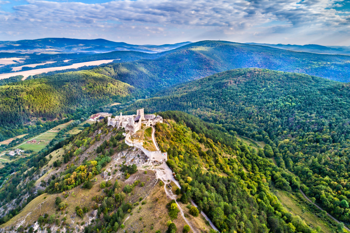 Aerial view of Cachticky hrad, a ruined castle in Slovakia