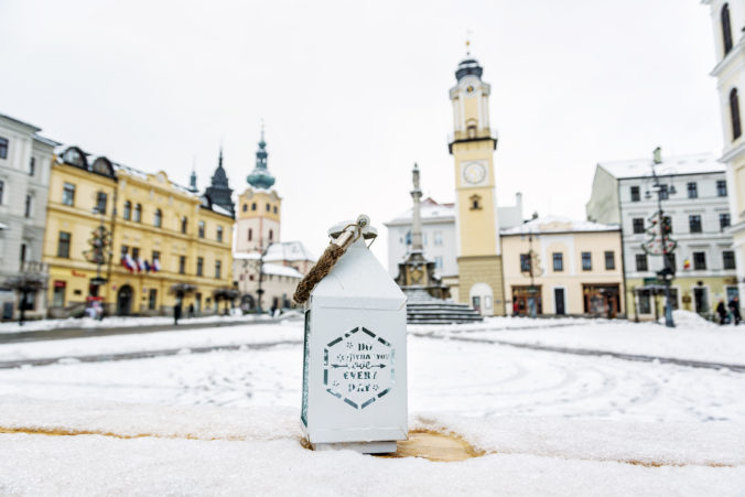 Lantern with inscription, SNP square in Banska Bystrica, Slovakia