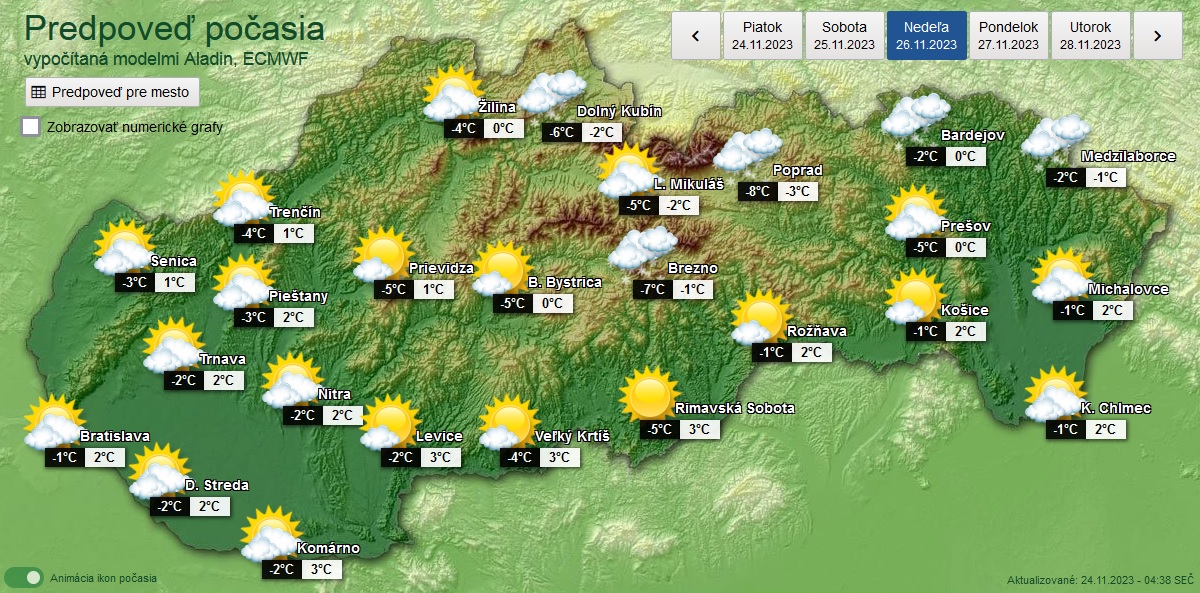 Grafická predpoveď počasia na nedeľu 26. novembra