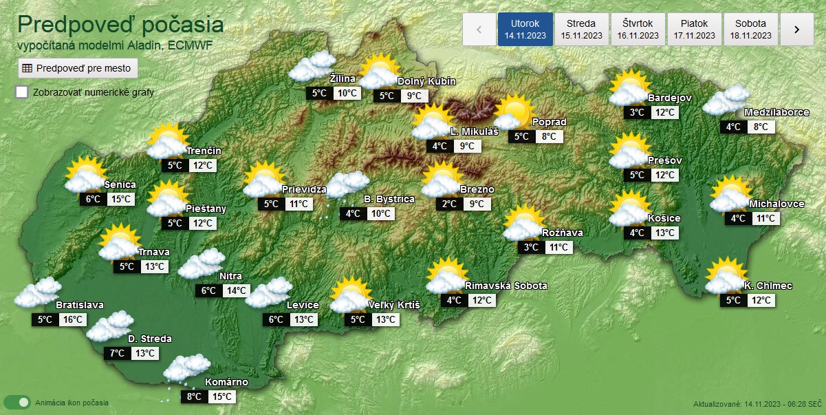 Predpoveď počasia na utorok 14. novembra
