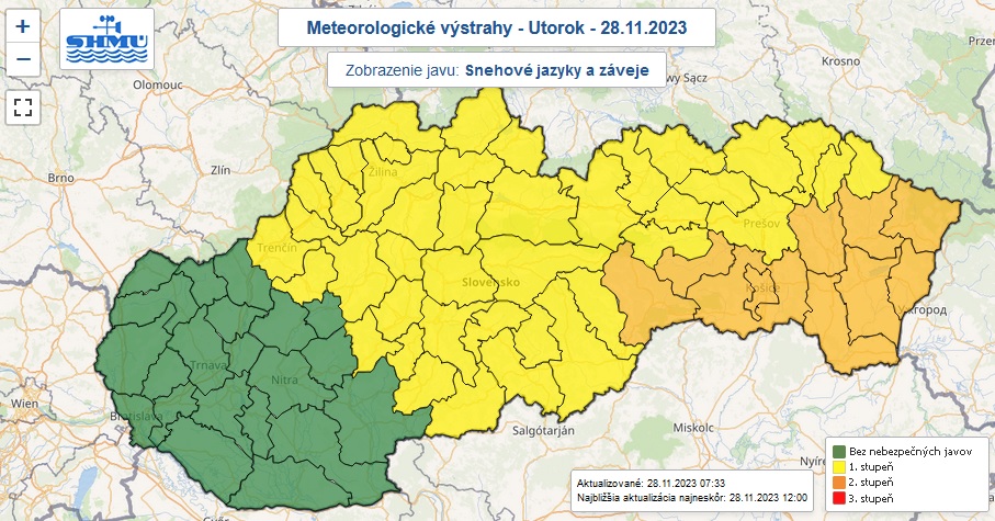 Výstraha, snehové jazyky a záveje, 28. november