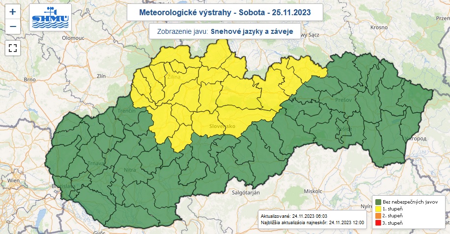 Výstraha, snehové jazyky a záveje, sobota 25. november