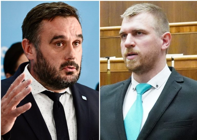 Na snímke Michal Wiezik (PS) a Filip Kuffa (SNS).
