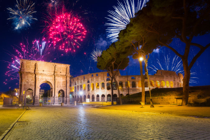Fireworks display over the Colosseum in Rome
