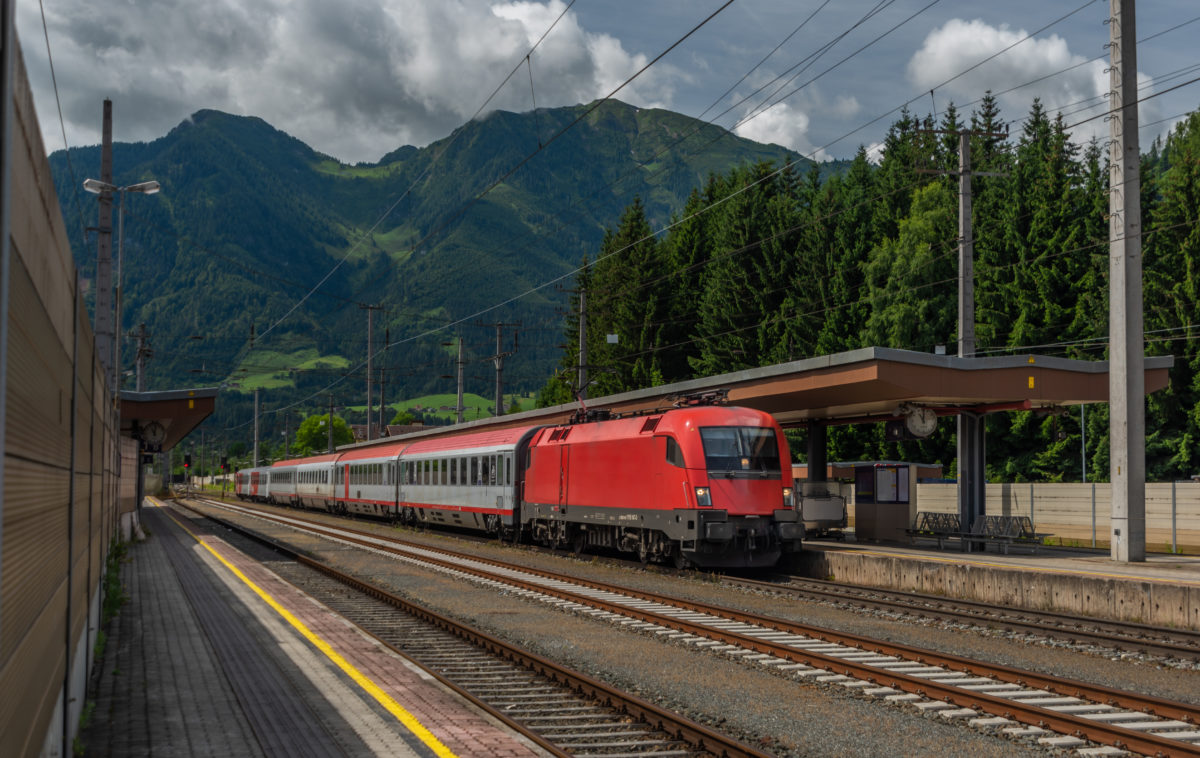 Germany train in Austria mountains in Sankt Johann im Pongau in summer day