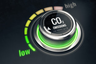 Reduce CO2 level concept. Carbon dioxide emissions control, CO2 level to the min position. 3d rendering