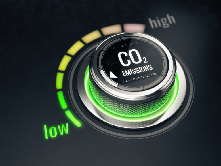 Reduce CO2 level concept. Carbon dioxide emissions control, CO2 level to the min position. 3d rendering