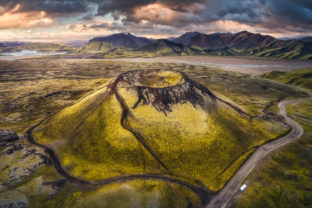 Aerial view of Stutur volcanic crater sits on the Nordurnamshraun lava field, Landmannalaugar, Fjallabak Nature Reserve, Highlands of Iceland, Iceland, Europe