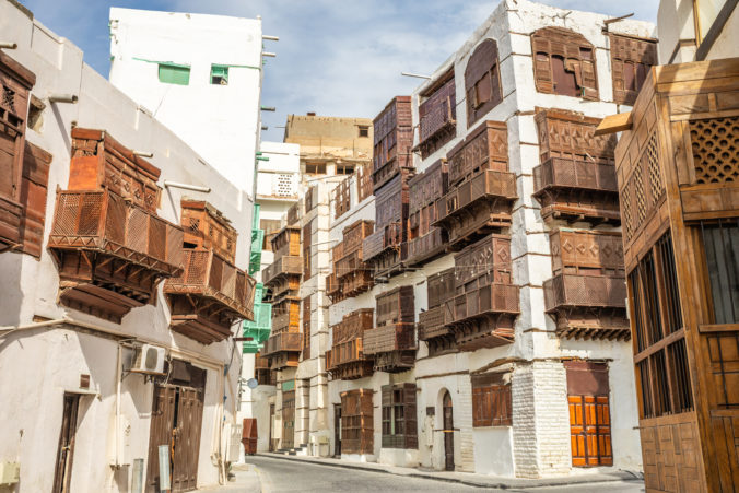 Al Balad old town with traditional muslim houses with wooden windows and balconies, Jeddah, Saudi Arabia