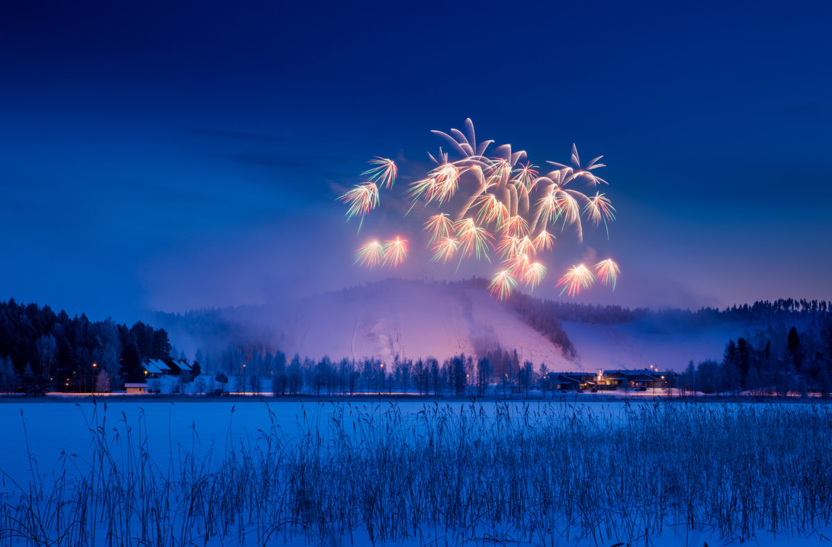 Fireworks in winter sky