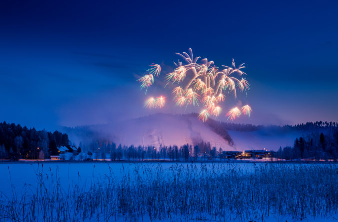 Fireworks in winter sky