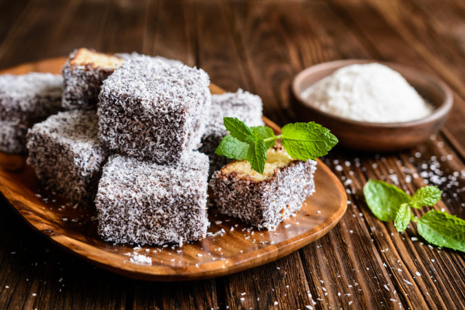 Lamington cakes with chocolate and coconut coating