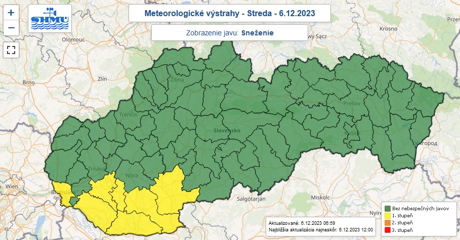 Výstraha pred snežením, SHMÚ, 6. december