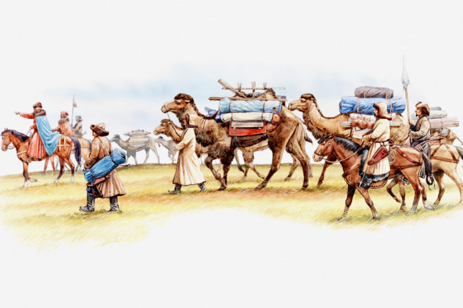 Illustration of camel caravan consisting of camels, horses and Marco Polo's merchants, 13th century