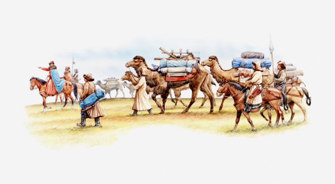 Illustration of camel caravan consisting of camels, horses and Marco Polo's merchants, 13th century