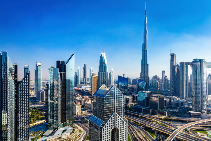 Burj Khalifa in Dubai downtown business skyscrapers highrise architecture.