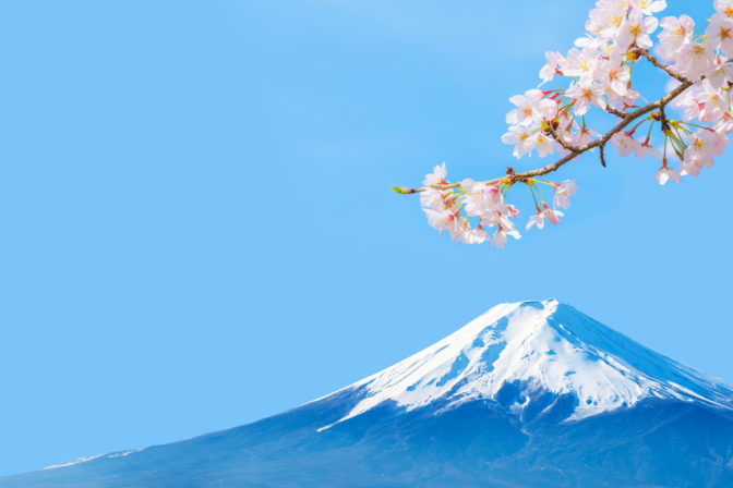 Image scenery of spring in Japan with Mt. Fuji, cherry blossoms and blue sky