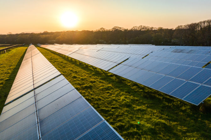 Solar power farm in the evening.