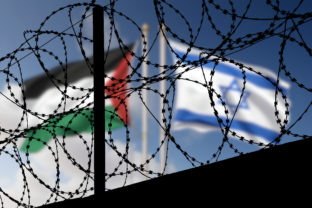 Flags of Israel and Palestine behind the barbed wire