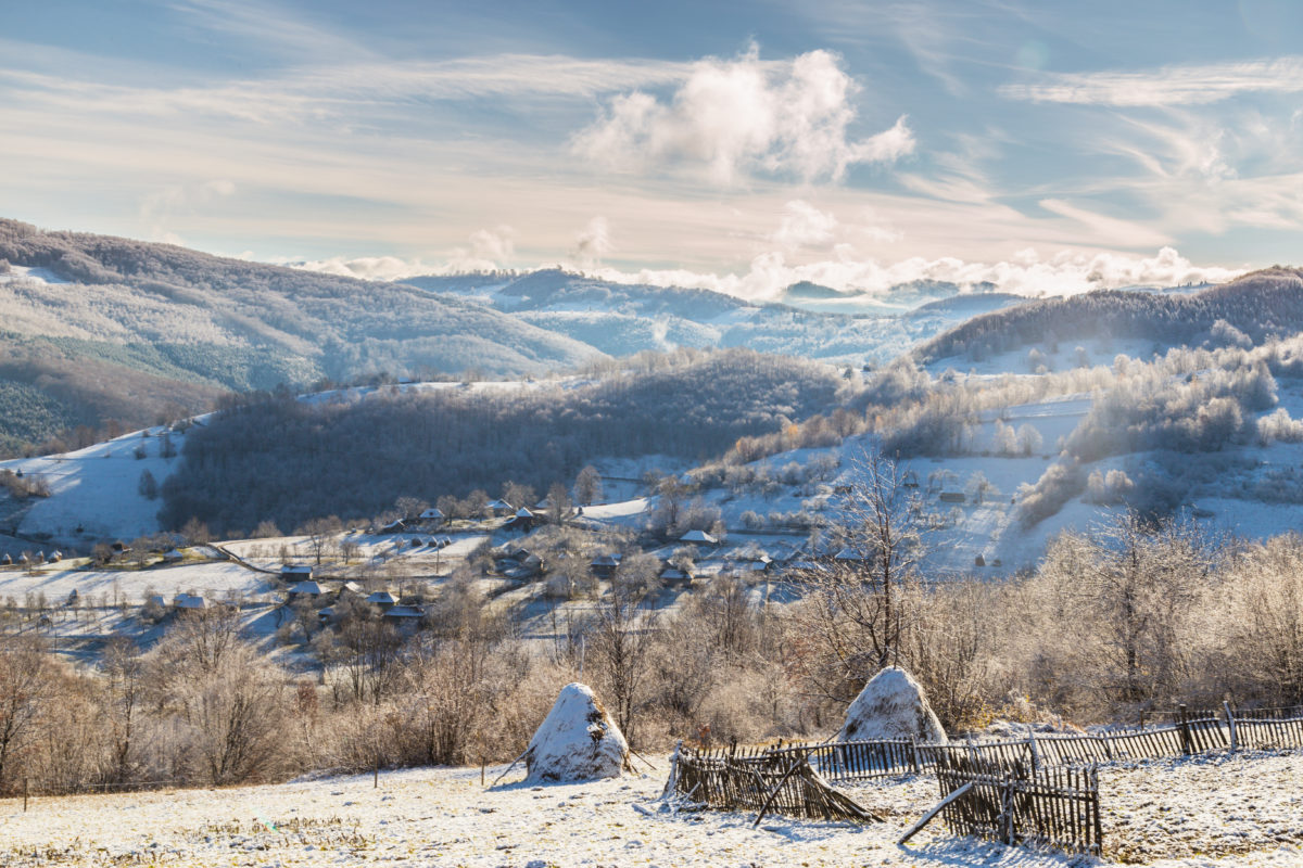Mountain scenery in Europe, with fresh snow, on a beautiful winter day