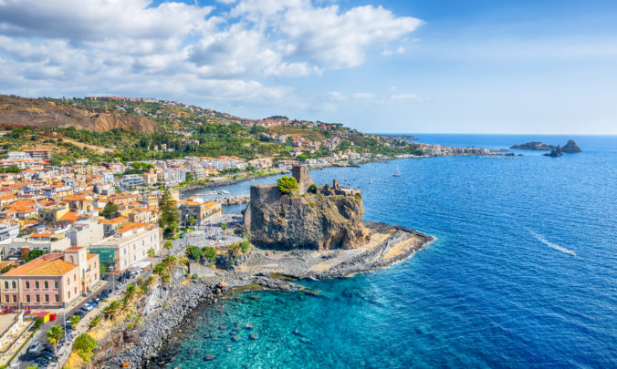 Landscape with aerial view of Aci Castello, Sicily island