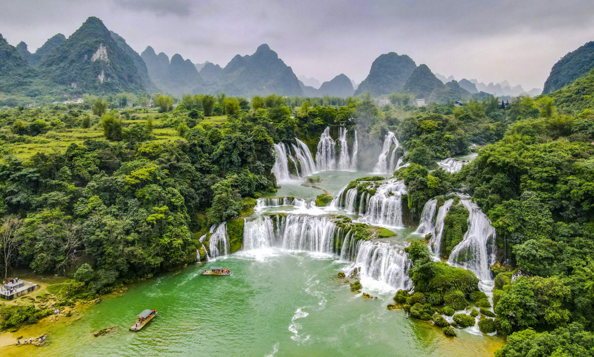 Aerial view of “ Ban Gioc “ waterfall, Cao Bang, Vietnam. “ Ban Gioc “ waterfall is one of the top 10 waterfalls in the world.